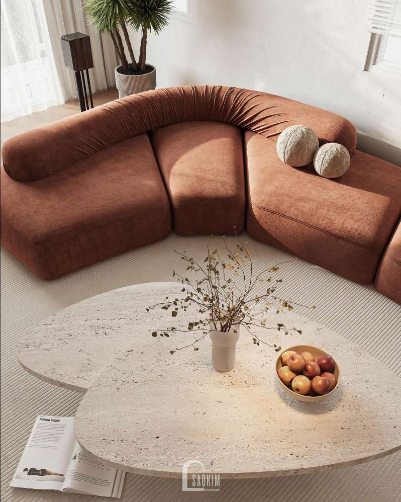 Không gian phòng khách của thiết kế nhà phố Long Biên đậm chất Modern Organic.